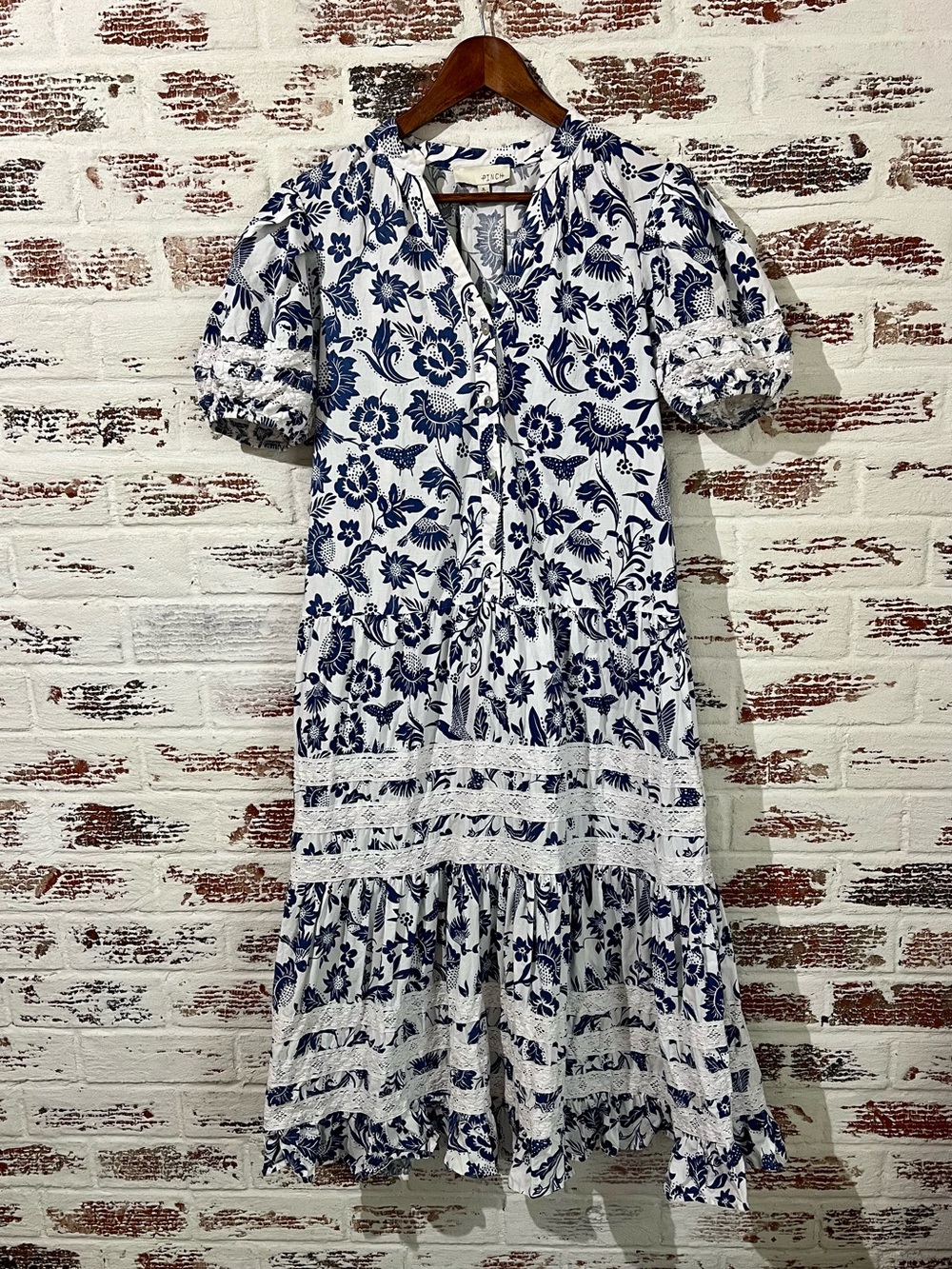 PINCH Dress Cottagecore Blue & White Floral Puff Sleeve Midi Peasant Cotton S